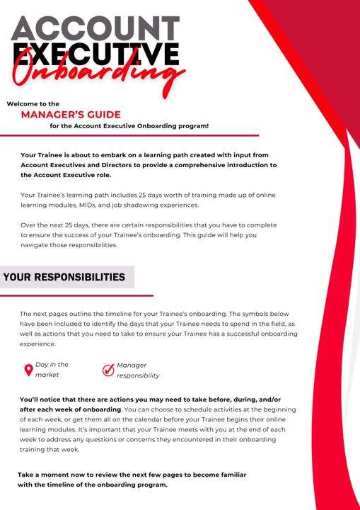 Welcome page of the onboarding manager's guide